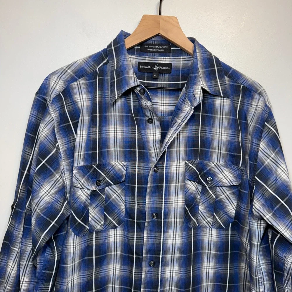 Beverly Hills Polo Club Men's Blue Plaid Long Sleeve Button Down Shirt X-Large